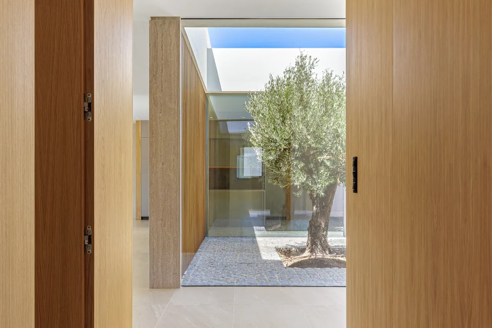 Fotografía de arquitectura de un pasillo con puertas de madera y vista a un jardín interno con un olivo en Sotogrande